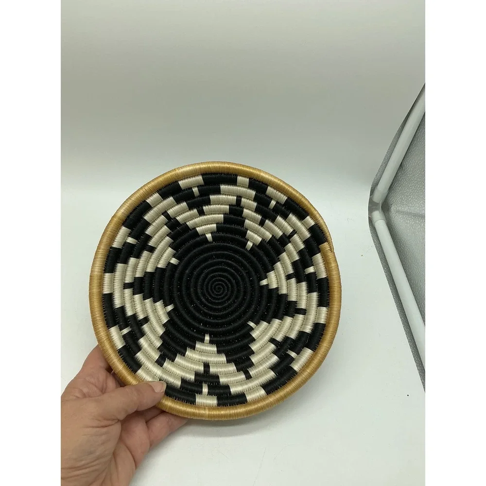 Woven Sisal Wall Basket Bowl Black Cream Geometric Boho Tribal Decor 8 Inch